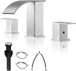 Bathroom Faucet 3 Holes Nickel - 8Inch Waterfall Bathroom Sink Faucet | Two Handles Widespread Lavatory Vanity Sink Faucets with Pop-up Drain Assembly & Supply Lines Brushed Nickel