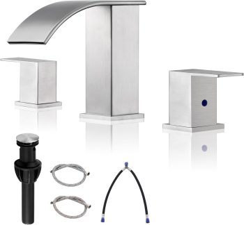 Bathroom Faucet 3 Holes Nickel - 8Inch Waterfall Bathroom Sink Faucet | Two Handles Widespread Lavatory Vanity Sink Faucets with Pop-up Drain Assembly & Supply Lines Brushed Nickel