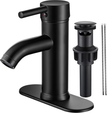Black Bathroom Faucet Single Hole Bathroom Sink Faucet Matte Black Single Handle Vanity Basin Faucet Modern Farmhouse  Bathroom Faucet with pop-up Drain Suitable for 1 or 3 Holes (Black, Short)