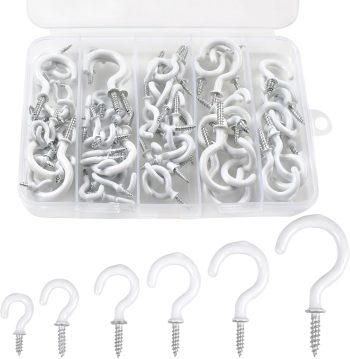 90 Pcs White Ceiling Hooks kit, 6 Sizes Vinyl Coated Screw-in Plant, Kitchen, Cup, Ceiling Hooks for Hanging (1/2in, 5/8in,3/4in,7/8in,1'',1-1/4in)