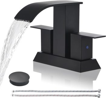 Black Waterfall Bathroom Faucet - 4Inch 2 or 3 Holes Centerset Faucet Bathroom | Two Handles Widespread Lavatory Vanity Sink Faucets with Overflow Pop-up Drain & Supply Lines Matte Black